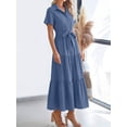 thumbnail image 4 of Denim Blue Womens Short Sleeve Shirt Dress With Belted Waist And Tiered Skirt, 4 of 6