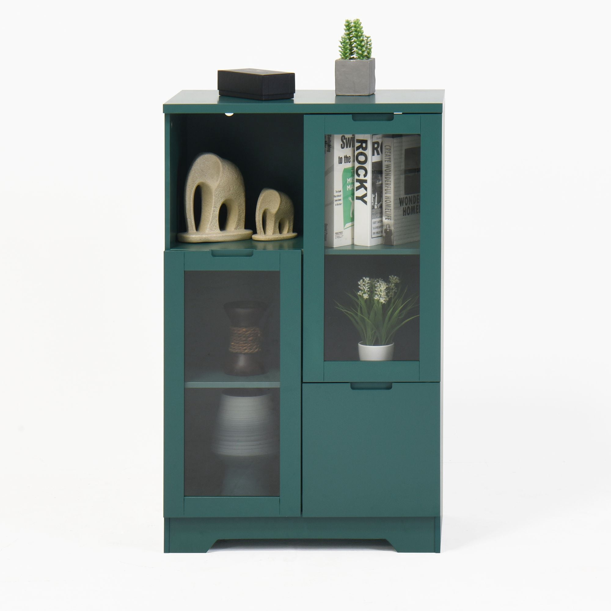 Noble House Storage Cabinet with Glass Doors and Drawer, Adjustable Shelves, Green