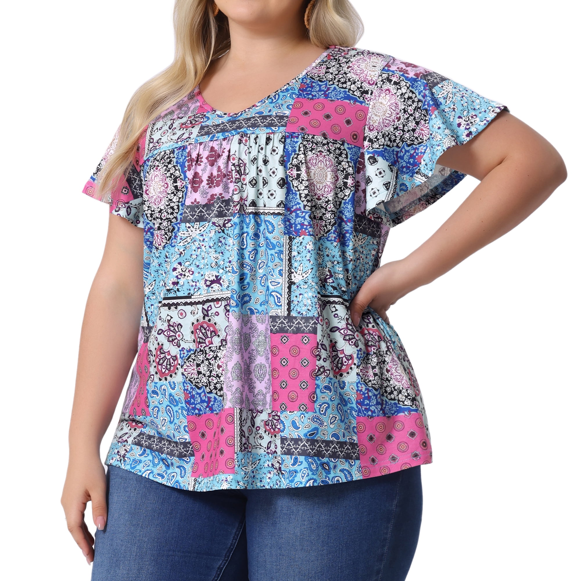 DARING DIVA Women's Plus Ruffle Boho Floral T Shirt 1X Blue Pink Block
