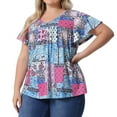 thumbnail image 2 of DARING DIVA Women's Plus Ruffle Boho Floral T Shirt 1X Blue Pink Block, 2 of 6