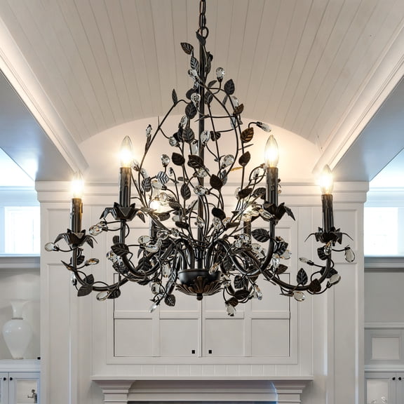 Contemporary 6-Light Dark Bronze Leaf Chandelier Elegant Interior Lighting With Crystal Accents For Dining Room Living Room