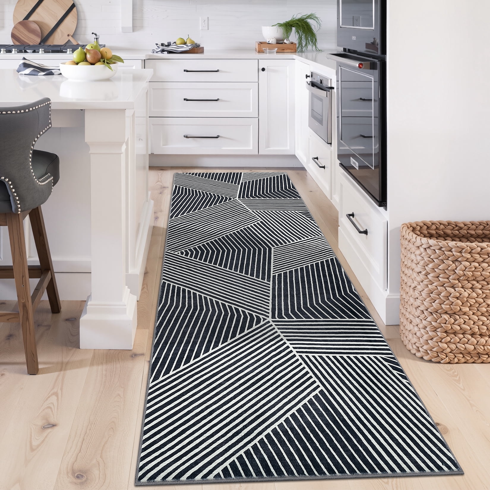 Hasoo 2'x 6' Black/White Runner Rug Modern Strip Indoor Carpet Soft Non Slip Runner for Laundry Bathroom Entryway Bedroom