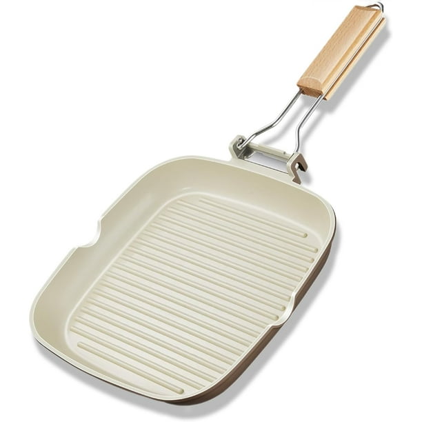 YIXINGCHEN Nonstick Grill Pan for Stove Tops, 8 Inch Square Griddle Pan with Folding Handle and Pour Spouts, Healthy Ceramic Coating Flat Grill Skillet Steak Pan for Indoor Cooking, PFOA Free 923-324
