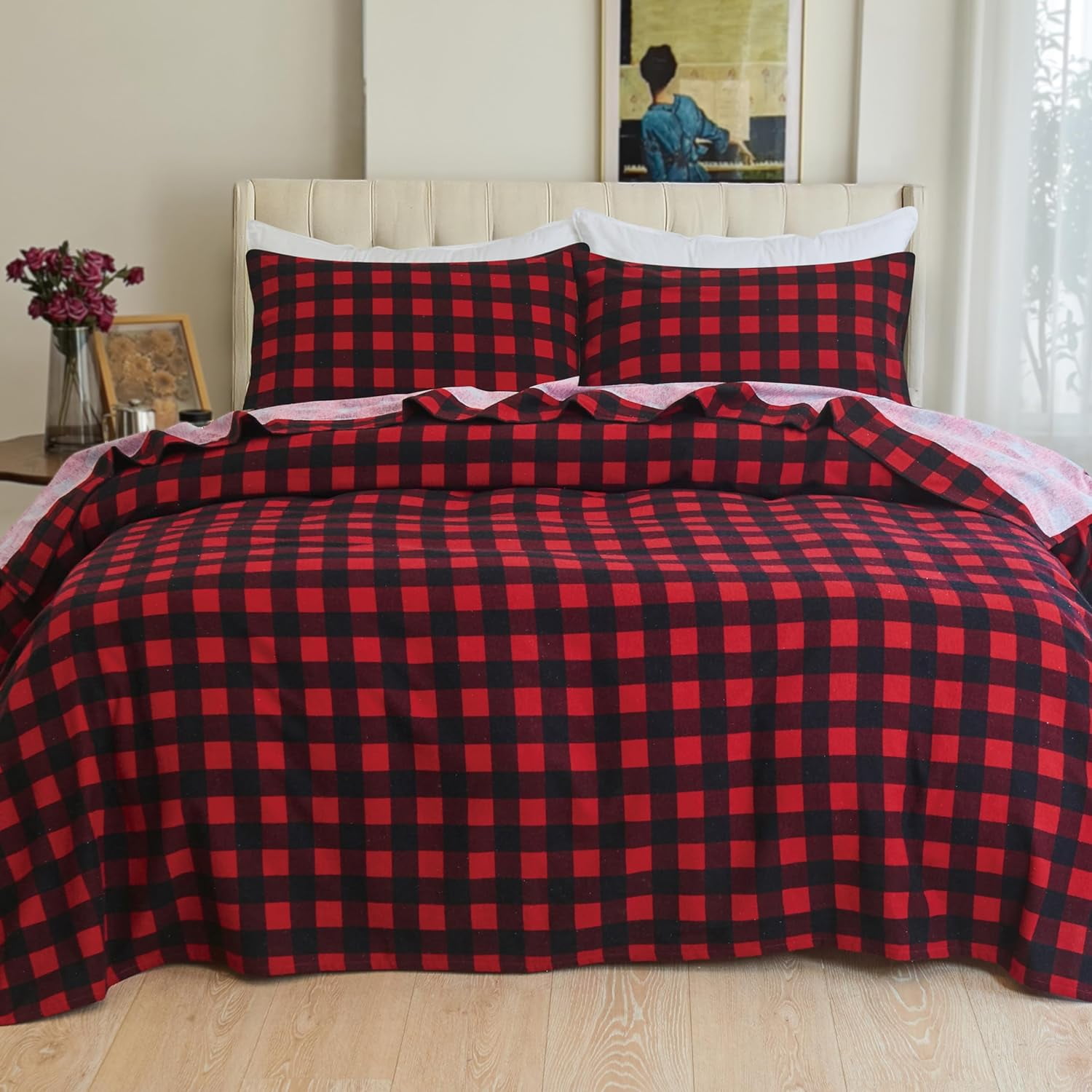 Elegant Comfort Soft 4-Piece Cotton Flannel Sheet Set -Deep Pocket Fitted Sheet, Flannel Sheets - Twin XL, Buffalo Check Burgundy