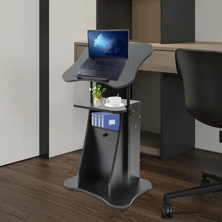 Floor Standing Pulpit Adjustable Height Lectern Podium w/ Wheels and Storage