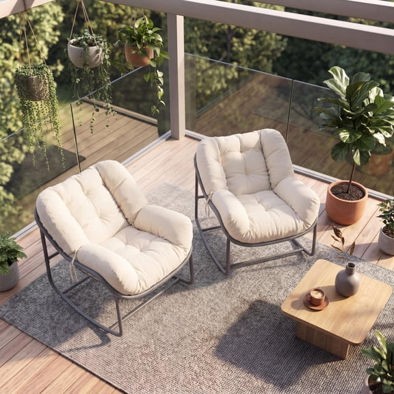Comfy Oversized Papasan Rocking Chairs Set of 2 Outdoor Wicker Egg Lounge Chairs with Thick Cushions for Garden Patio Bedroom Balcony Porch White