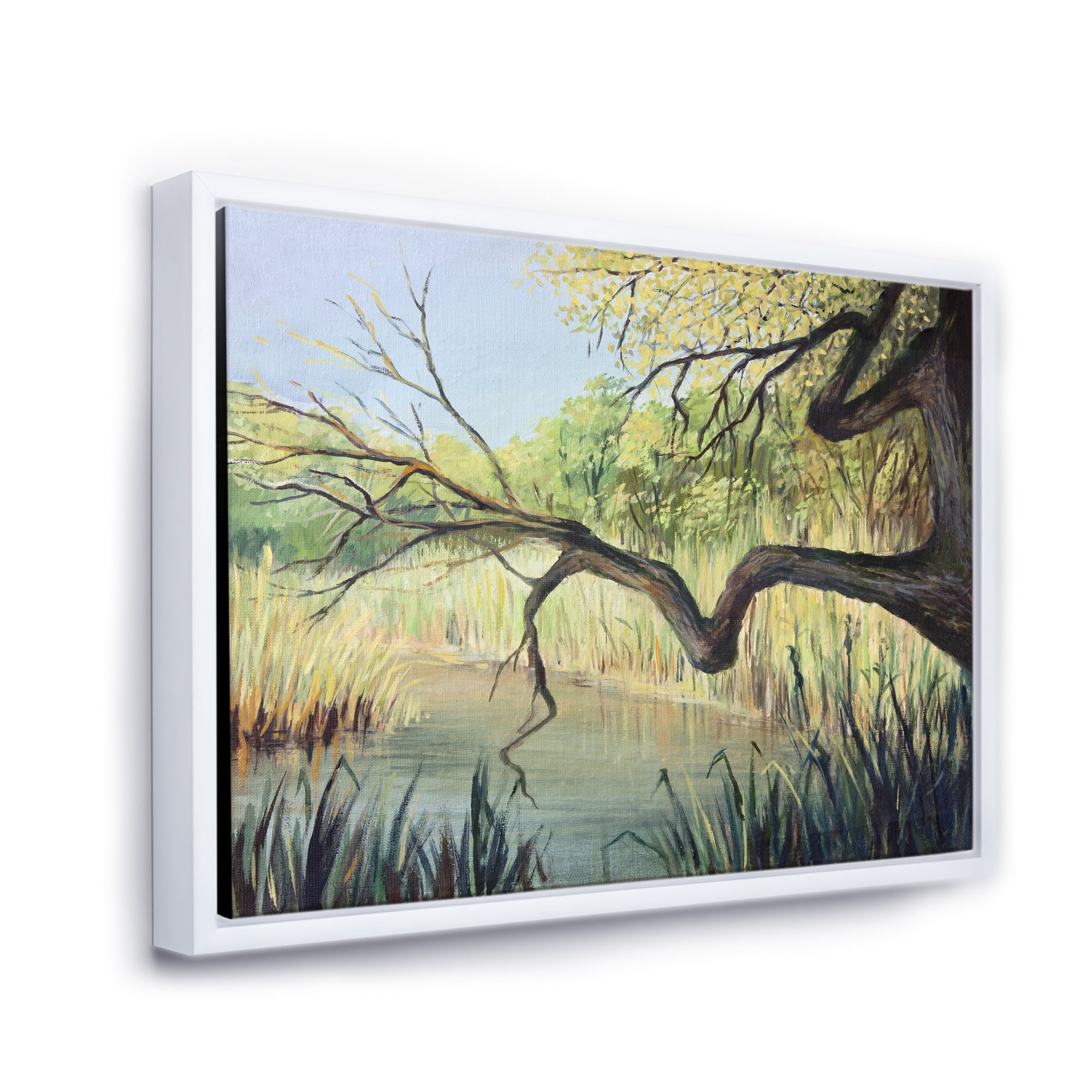Designart 'The Lake of Silence From The Tree' Lake House Framed Canvas Wall Art Print