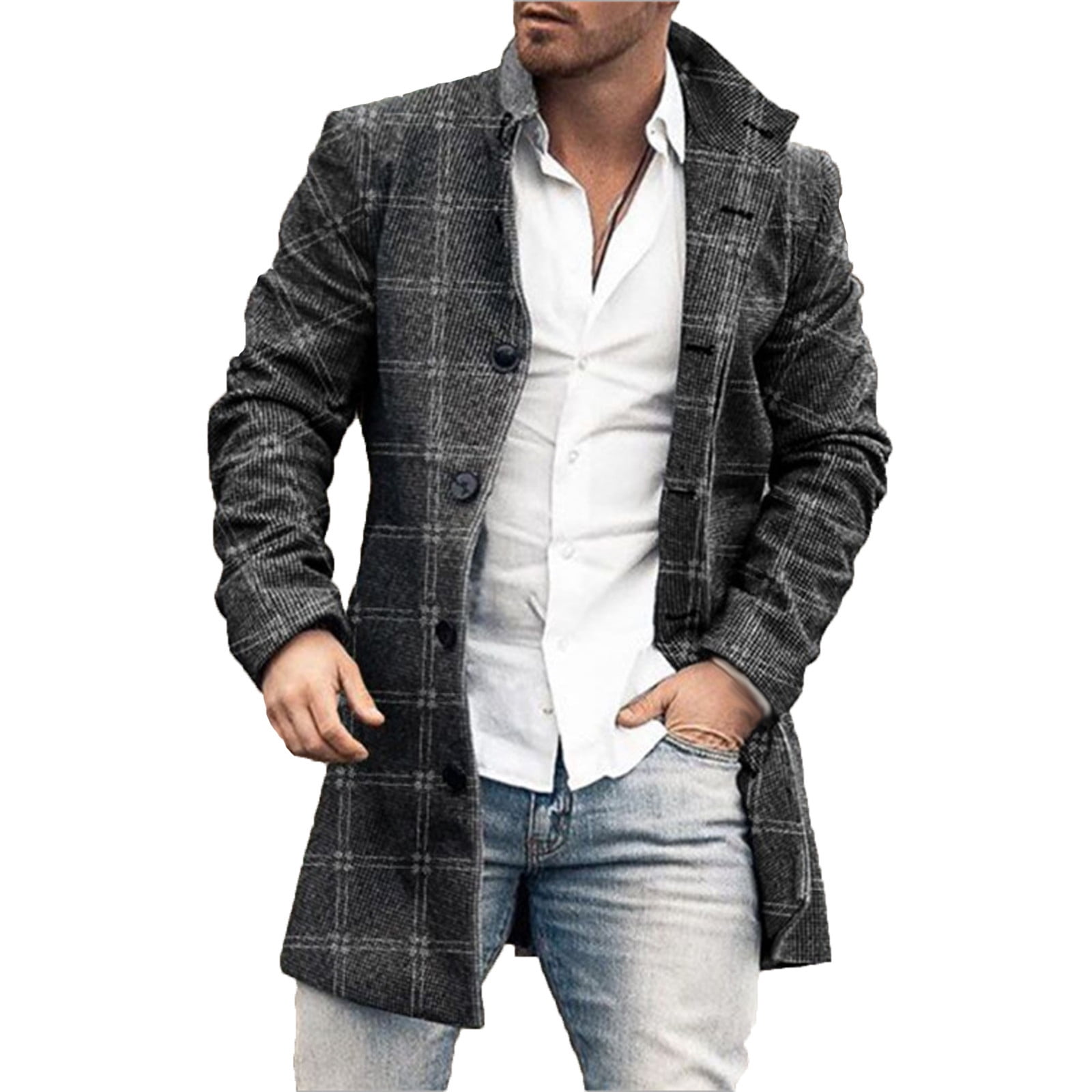 YYDGH Mens Single Breasted Plaid Trench Coat Winter Wool Blend Pea Coat ...