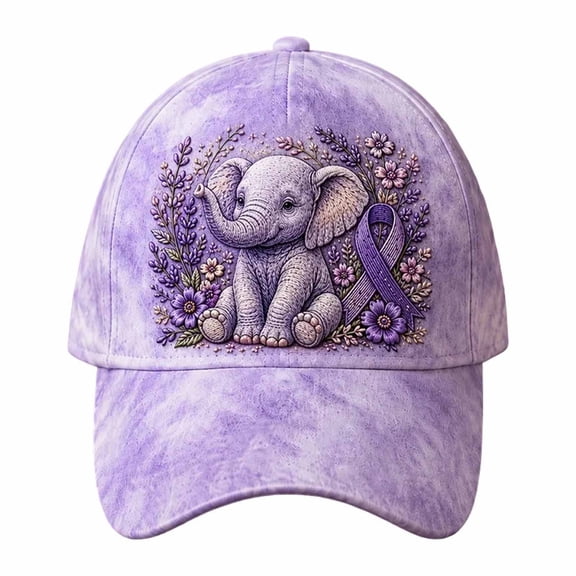Cancer Awareness Hat Purple Cute Elephant Print Adjustable Sun Cap for Support(58cm)