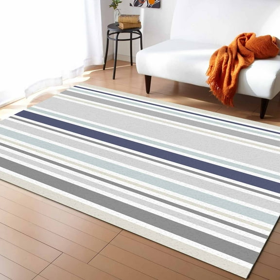 Stripe Area Rug 4'x6' Blue and Grey Striped Linen Pattern Washable Area Rugs Non Shedding Floor Carpet Rubber Backing Non-Slip Indoor Mats for Living Room Bedroom Kitchen