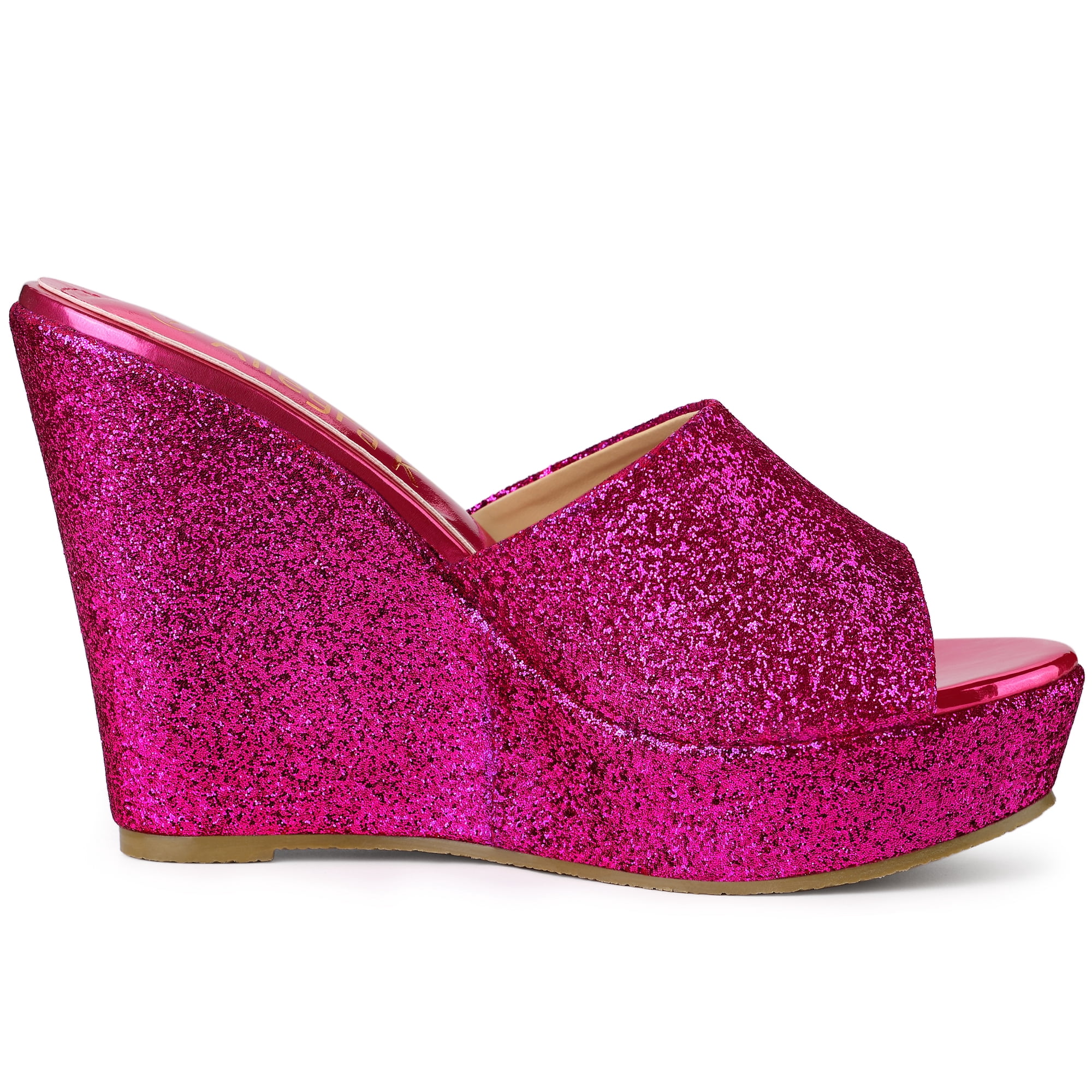 DARING DIVA Women's Glitter Platform Slip-on Wedge Heels Sandals Hot Pink 7