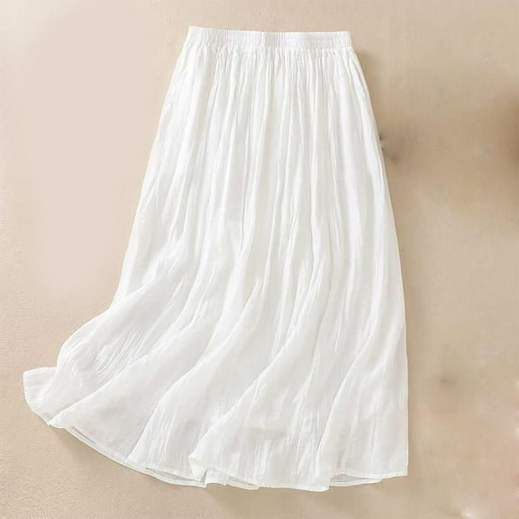 Maoxin Skirts for Women Women's Summer Solid Embroidery Elastic Waist Linen Ankle Skirt ,White,M