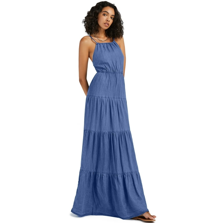 MECALA Women Sleeveless Denim Maxi Dress Spaghetti Strap Layered