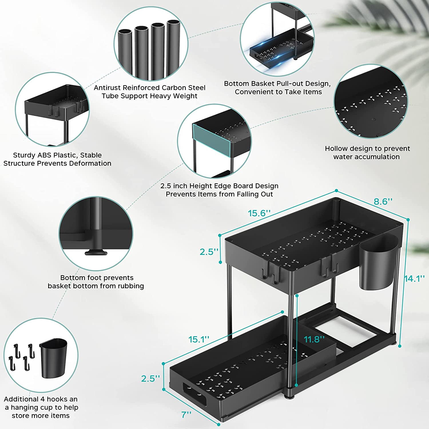 RGHJAR-2 Pack Under Sink Organizer with Pull-Out Drawer, 2-Tier Cabinet Storage for Kitchen & Bathroom, Tool-Free Assembly, Fits Cleaning Supplies & Toiletries, Space Saving for Small Cabinets, Black