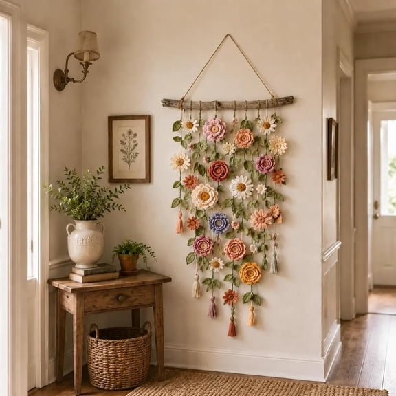 Crochet Flower Garden Wall Hanging,Bohemian Crochet Flower Hanging Decor | Handmade Crochet Flower Wall Decor, Cotton Floral Macrame Hanging with Cascading Flowers