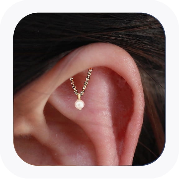 16G 14K Gold Plated Sterling Silver Dangle Pearl Chain Hidden Helix Piercing Earring Jewelry, 8mm Bar[h539]