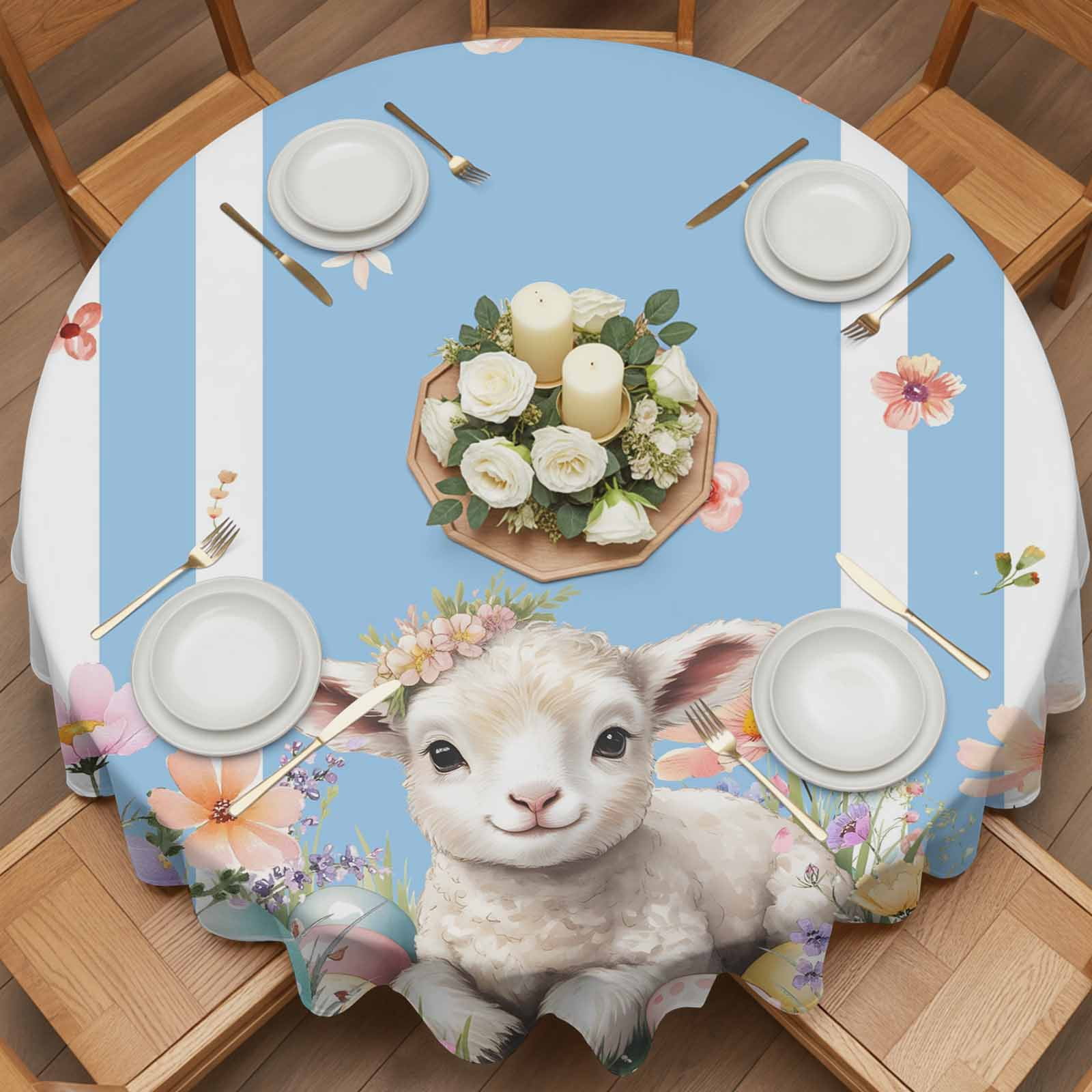 Round Tablecloth Spring Floral Easter Waterproof Oil Proof Polyester Table Cloth Cover Decor for Home Dining Outdoor,Patio,Parties, 54" Dia. Cute Lambs Eggs Blue Striped