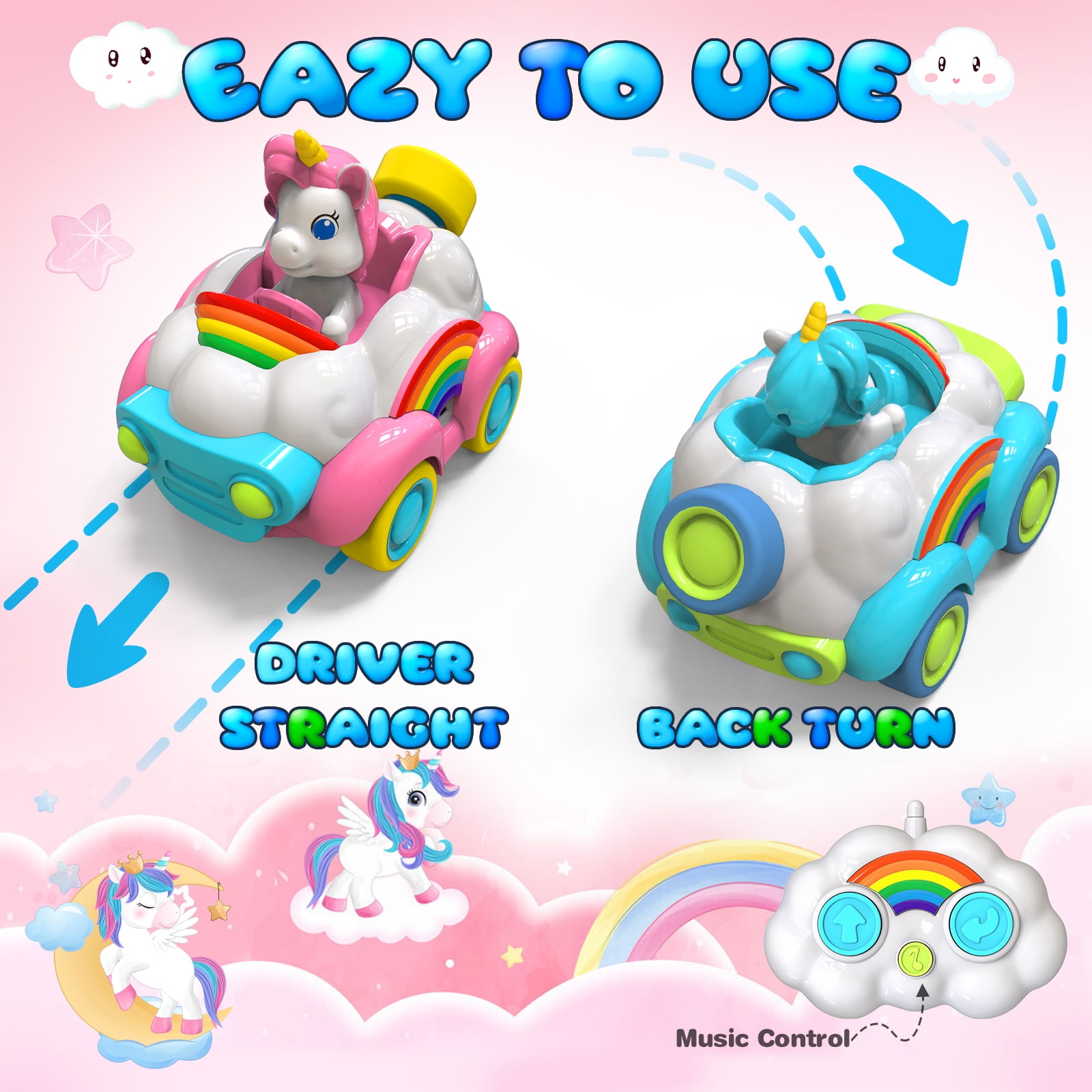 Beefunni Unicorn Toys for Girls Age 3-6, 2 Pack Remote Control Car for Tollders, RC Cars with LED Lights, Music & Sound, Christmas Birthday Gift for Kids (Pink and Blue)