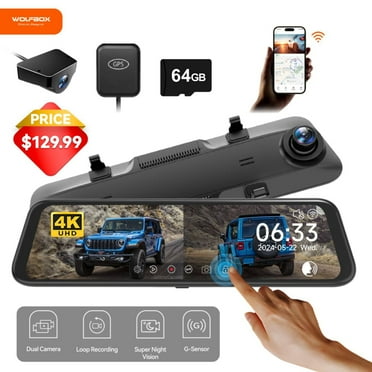 WolfBox Dash Cam, Dashcam 4K in Wifi& GPS, 12'' 4K 1080P Rear View Mirror Dash Cameras with Super Night Vision, See the license plate clearly, Free 64GB Card