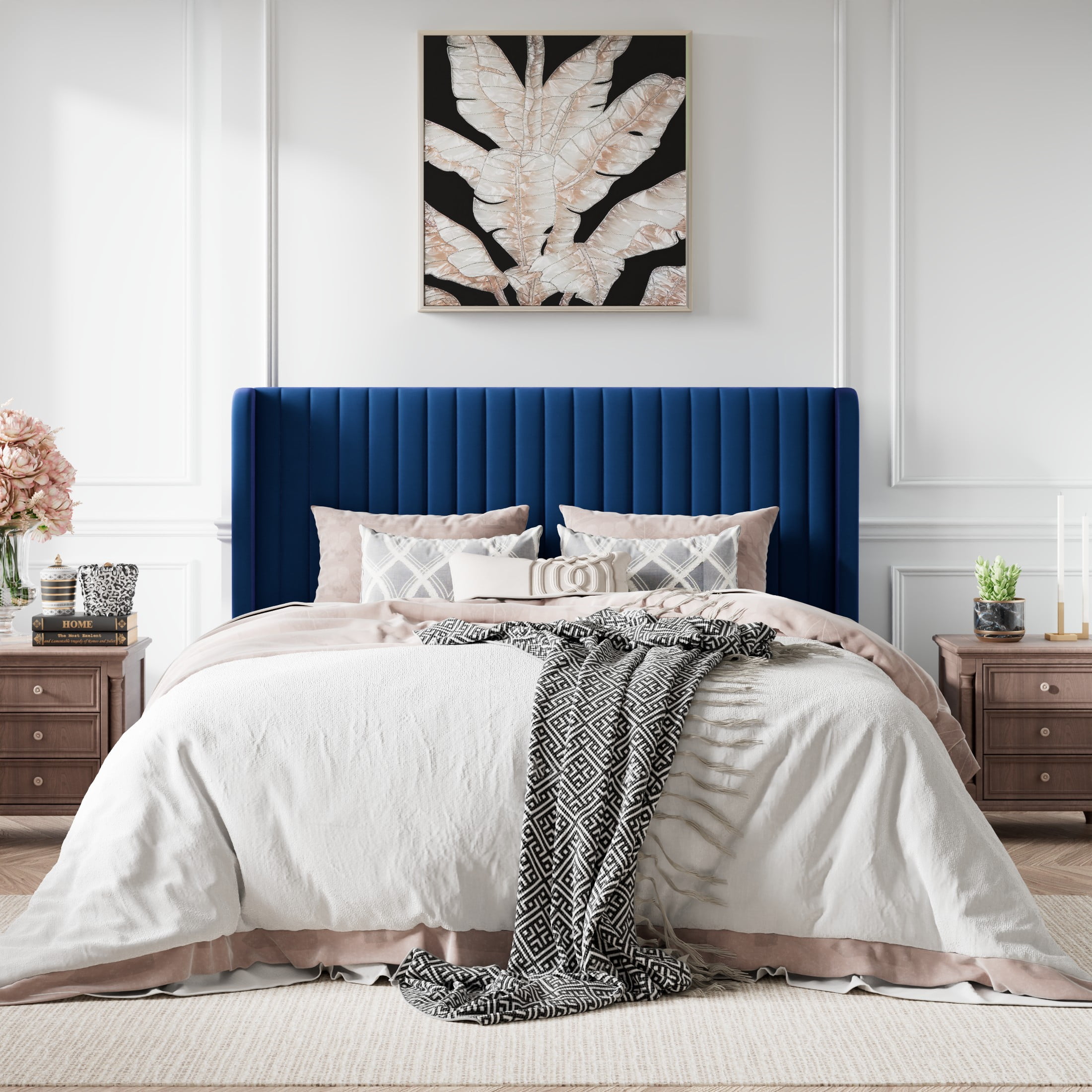 Amolife Uptown Full Size Wingback Headboard Velvet Wingback Bed with Slats, Dark Blue  (图2)