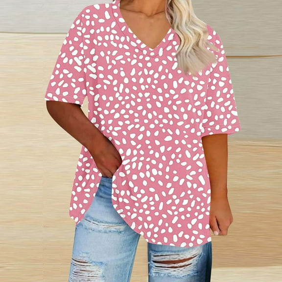 Blczomt Womens Tops under $10 Polka Dot Plus Size Loose Fit T Shirts Summer Short Sleeve Casual Pink Womens Blouses