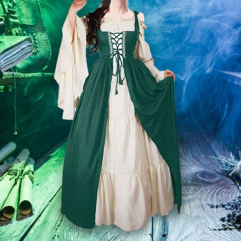 Travelwant Womens Renaissance Cosplay Costume Medieval Irish Over Dress and  Chemise Boho Set Gothic High Waist Gown Dress