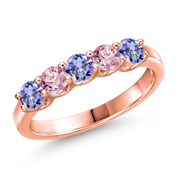 Gem Stone King 18K Rose Gold Plated Silver Blue Tanzanite and Pink Lab Grown Diamond Wedding-Bands Ring for Women | 0.90 Cttw | Round 3.5MM | Gemstone December Birthstone | Size 6