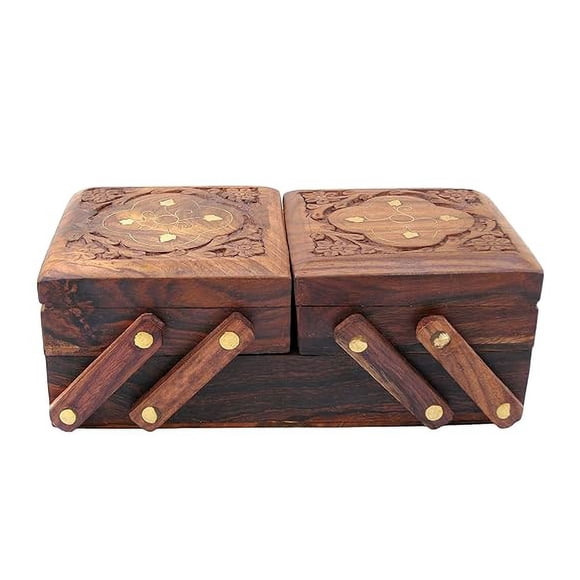 Boîte à Bijoux pour Femmes, Design Sculpté en Bois avec Rabat, Fait Main, 8 Pouces