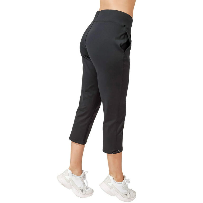 Reflex 90 Degree Women's Elastic Waist Pull On Athletic Travel Capri Pants  (Black, S) 