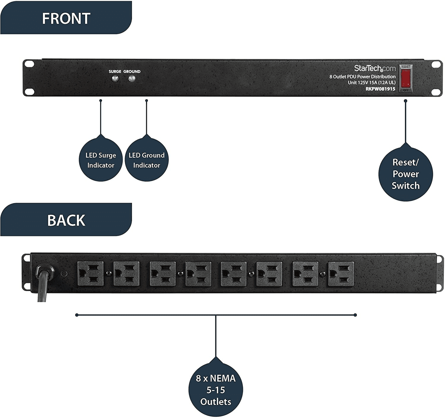 StarTech.com 8 Outlet Horizontal 1U Rack Mount PDU Power Strip for Network Server Racks - Surge Protection - 120V/15A - with 6 Ft Power Cord (RKPW081915), Black