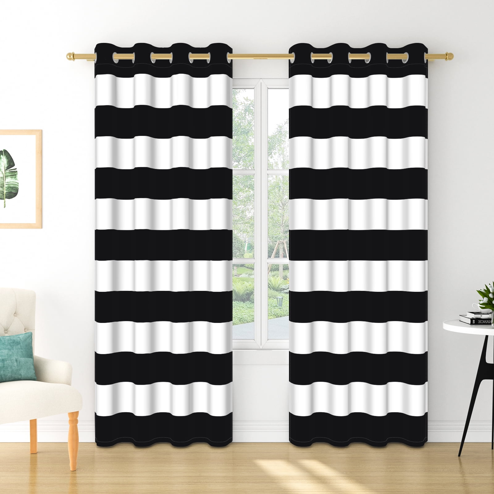 Nanqianyi Black White Horizontal Striped Blackout Curtains, Thermal Insulated Classic Grommet Drapes for Bedroom Living Room, 2 Panels 42"W x 84"L