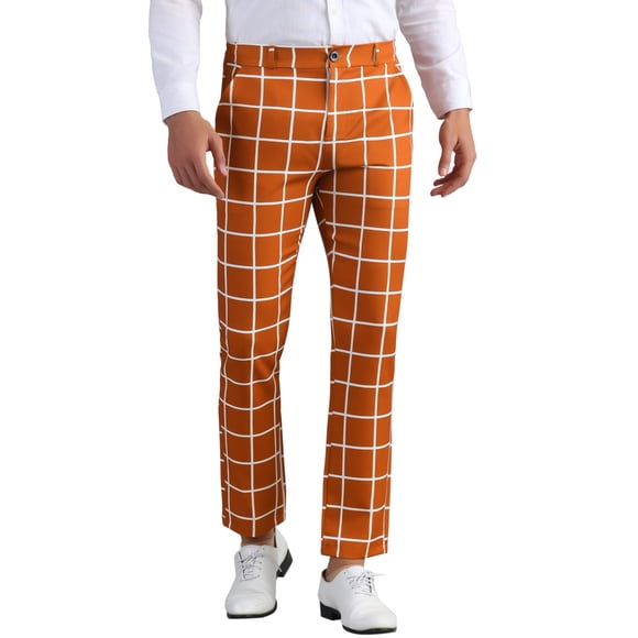Pantalones de Hombre Inspire Chic de Cuadros con Frente Plano, Cintura Elástica y Botón 38 Marrón Oscuro