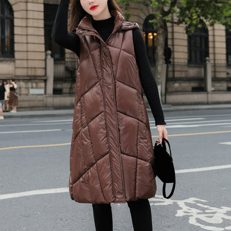 TOWED22 Women Long Quilted Vest Hooded Maxi Length Sleeveless Puffer Vest  Vest with Pockets Zip-Up Padded Coat(Coffee,XXL)