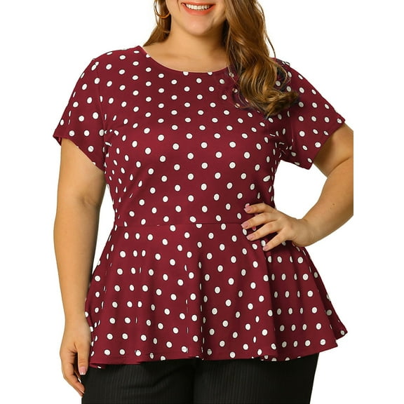 Unique Bargains Women's Plus Size Short Sleeves Polka Dots Peplum Blouse