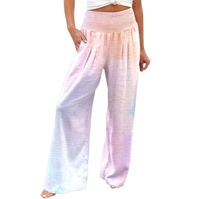 Pantalones anchos de cintura alta elástica con estampado veraniego para mujer - Diseño pintado a mano, espalda en forma de U, bolsillos funcionales, versátiles para todas las ocasiones