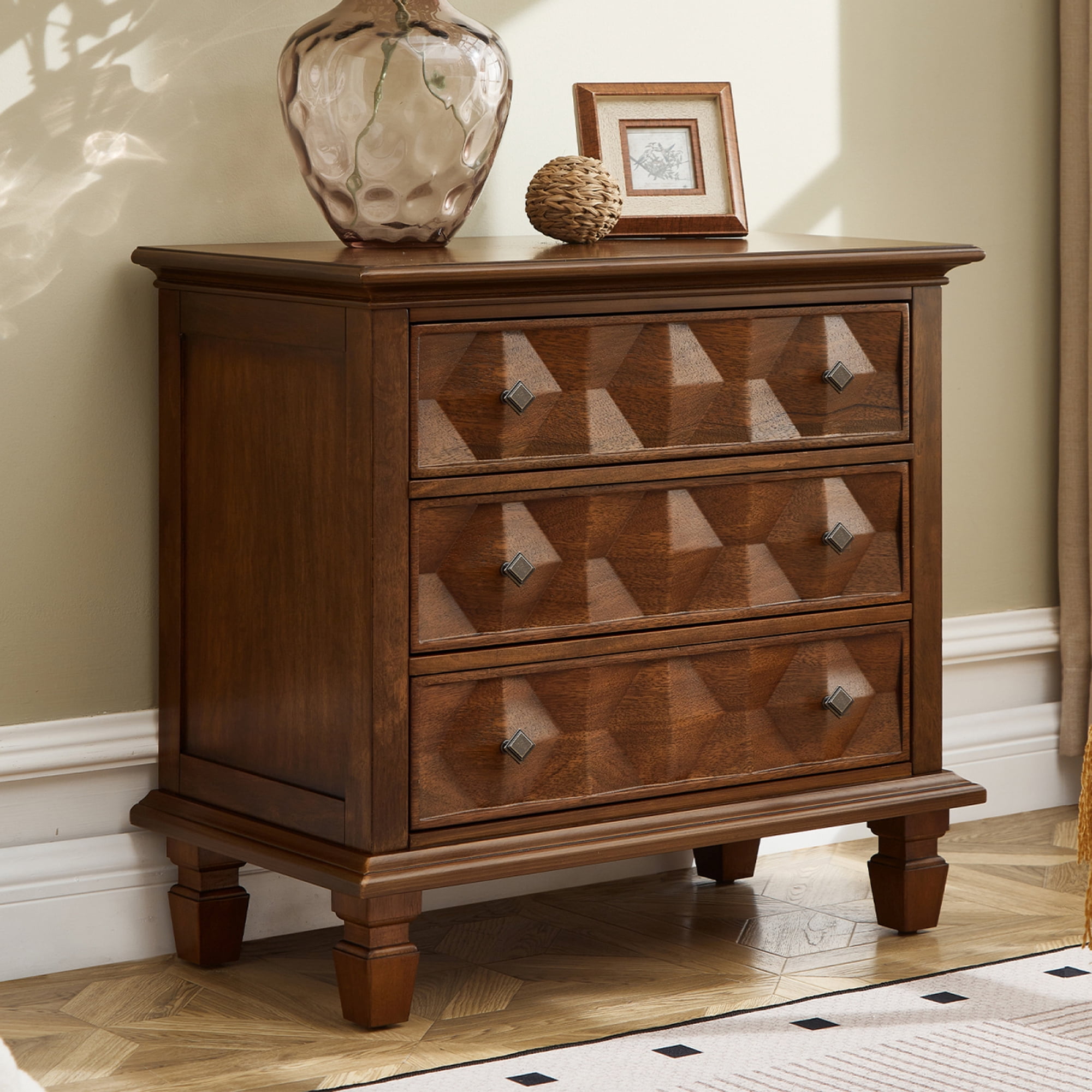 Farmhouse Nightstand with Built‑in Charging Station 3‑Drawer Engineered Wood Bedside Table with Geometric Drawer Fronts End Table for Bedroom and Living Room Walnut