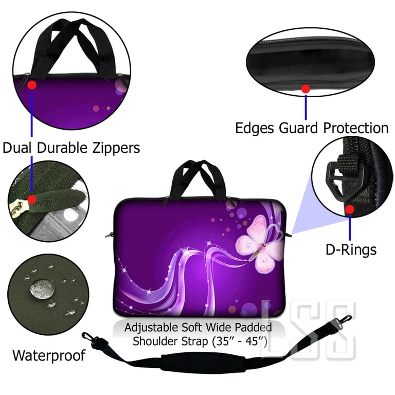 LSS 15.6 Inch Laptop Messenger Bag - Purple Butterfly Design, Padded Compartment, Shoulder Strap