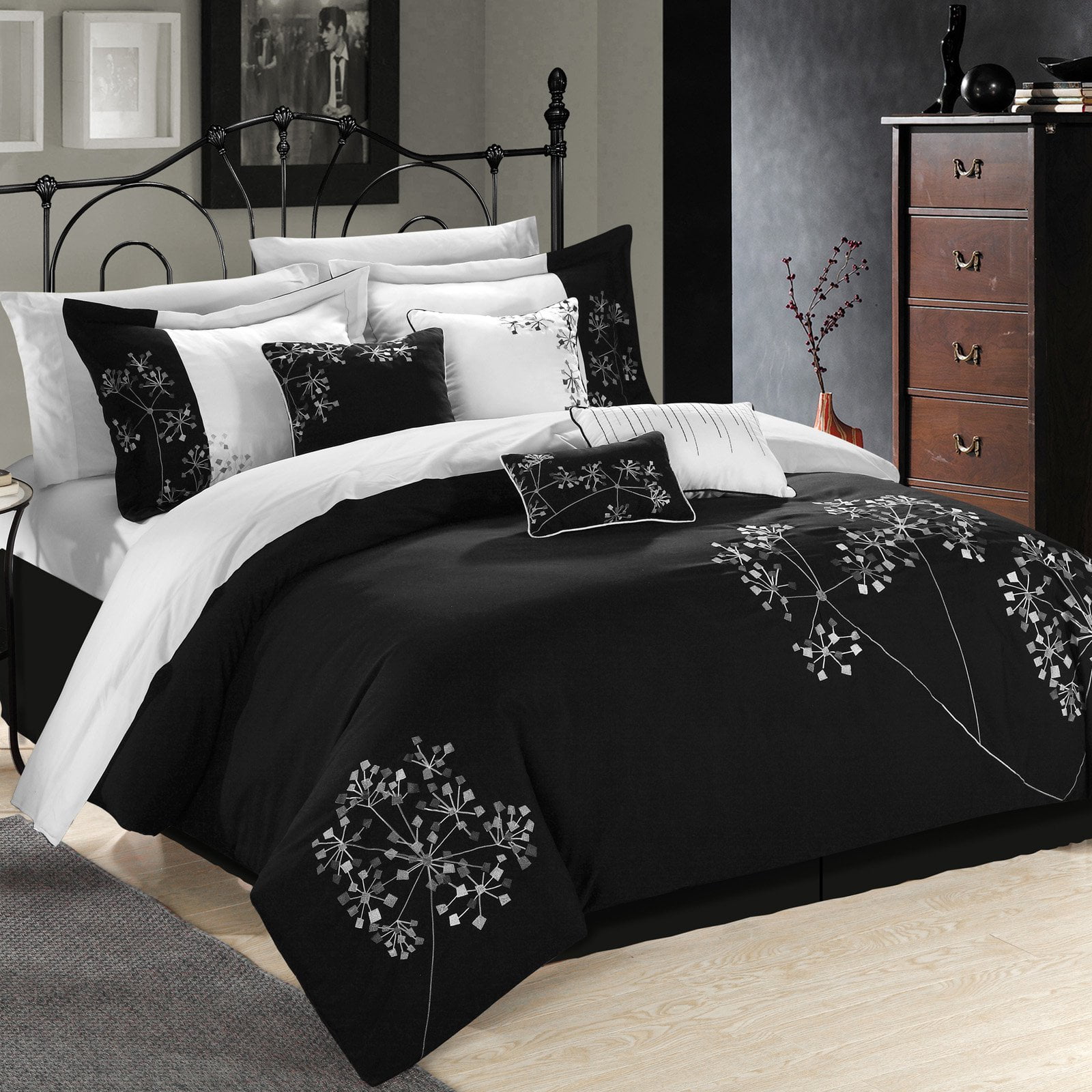 Chic Home Black and White Embroidered Floral Bed in a Bag Comforter Set