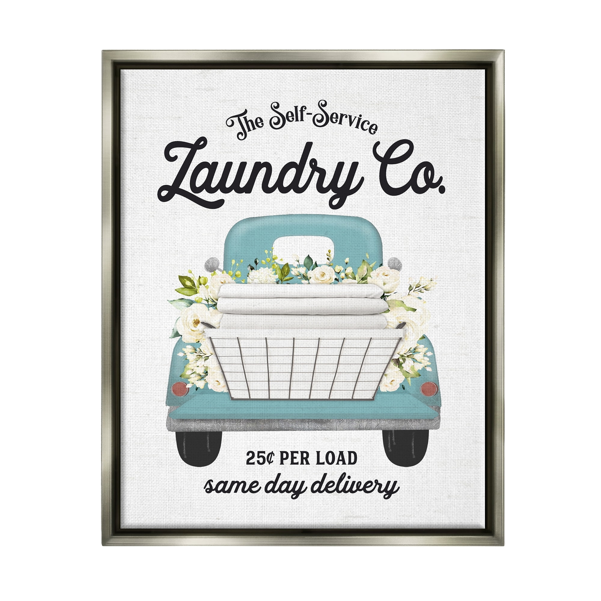 Stupell Industries Self Service Laundry Co. Antique Truck Flower Arrangement Graphic Art Luster Gray Floating Framed Canvas Print Wall Art, Design by Lettered and Lined