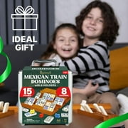 Queensell Mexican Train Dominoes Set Double 15 – 136 Tiles with Wooden Holders, Hub and Aluminum Case