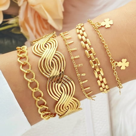5Pcs 5 Styles Alloy Bangles Stackable Bangle Set for Women Light Gold Diameter: 67~71mm