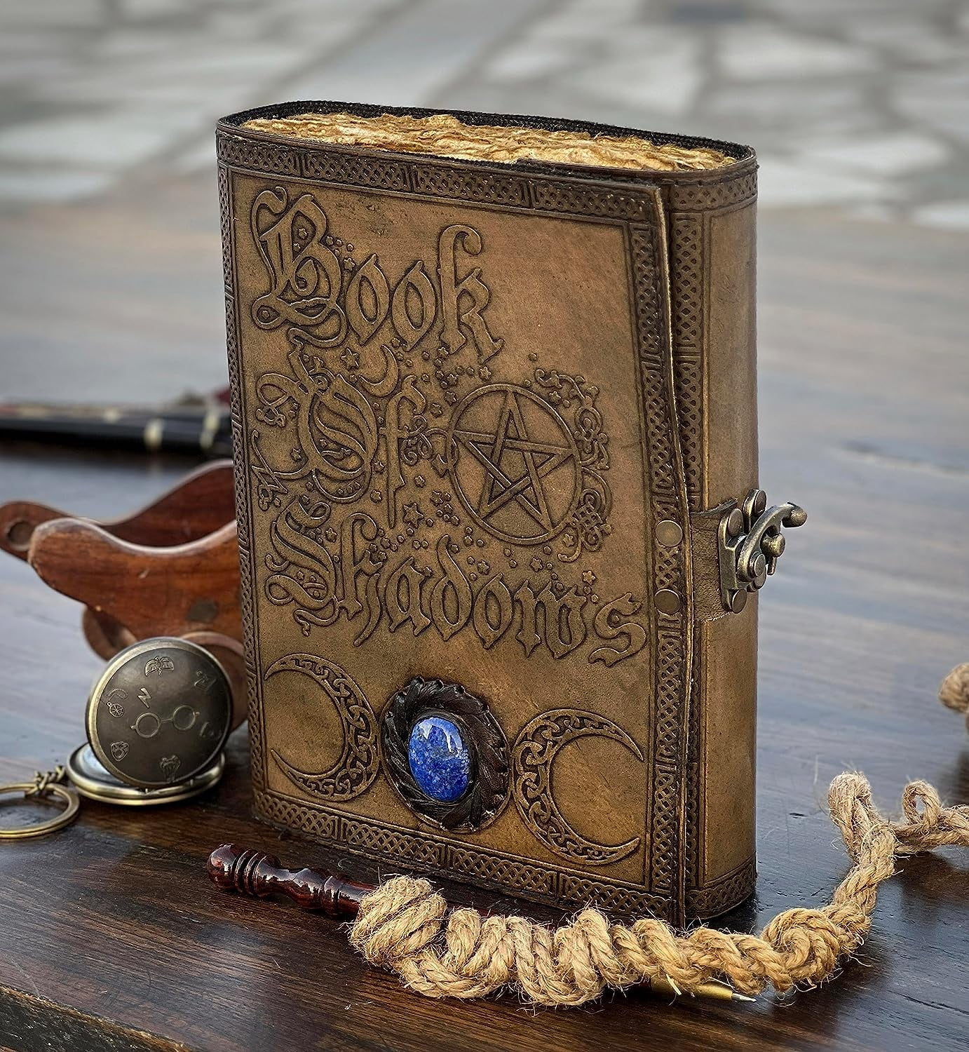 Book Of Shadows Leather Journal with Semi Precious Stone - Lock Closure, 200 pages Antique Deckle Edge Paper , Grimoire Journal, Triple Moon, Pentagram, Mother Of earth, Tree Of Life, Witch Journal