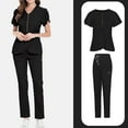 thumbnail image 2 of Wutalume Women's Comfortable Solid Color Short Sleeve Scrub Set, V-Neck Top and Drawstring Pants, Healthcare Work Uniform,Black L, 2 of 5