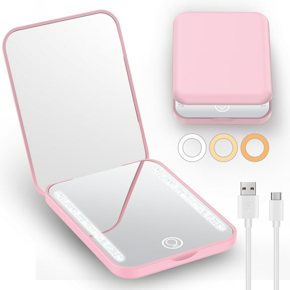 Gospire Mini Rechargeable Travel Makeup Mirror with Lights and Magnification 1X / 3X, LED Compact Mirror with 3 Light Colors & Adjustable Brightness, Small Vanity Mirror Handheld for Purses Pink