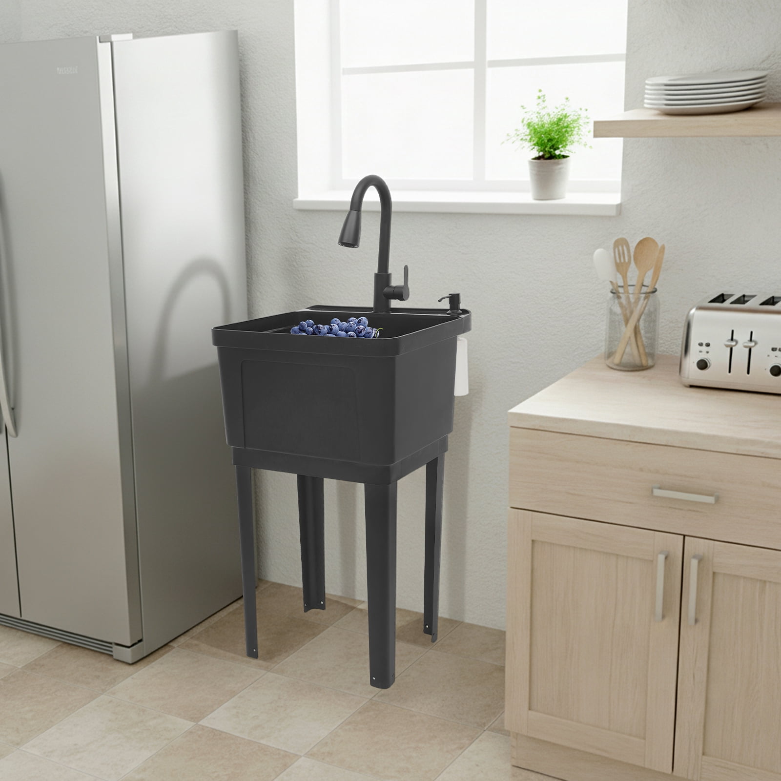 Freestanding Laundry Sink, 60L Black Utility Sink with Complete Accessory Kit, Standing Washing Basin for Garage Garden Laundry Room