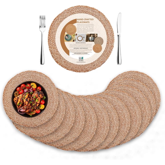 Eco Crave Napperons Ronds Tissés en Jute, Ensemble de 12, Naturels 13 Pouces Boho Ferme Rustique, Napperon Tissé à la Main pour Décoration de Table à Manger, Dessous de Plat en Osier Résistants à la Chaleur, Faciles à Nettoyer et Antidérapants