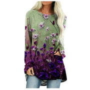 sebulube Women's Pullover Round Neck Long Positioning Flower Print Long Sleeve Top