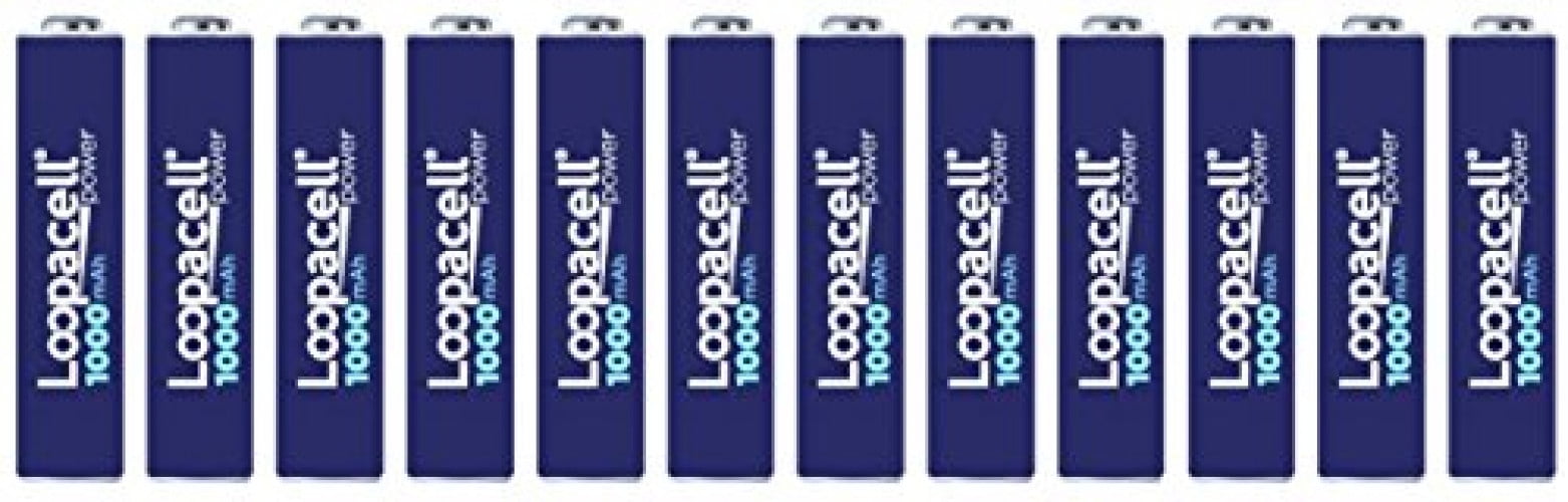 12 Loopacell AAA Rechargeable 1000mAh NiMH Batteries With Battery Holder