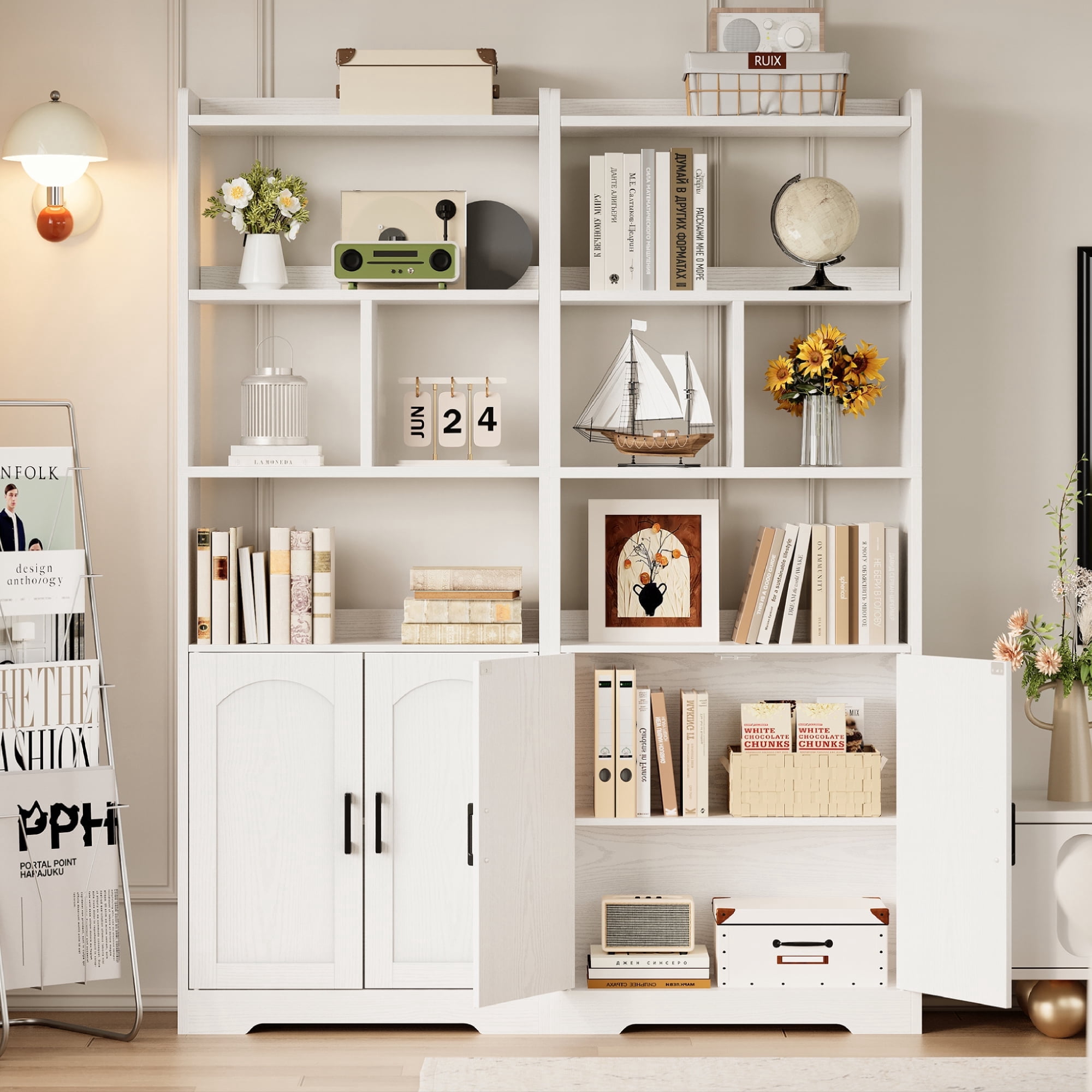 LIKIMIO 63" Tall Bookcase with Doors, Wood Bookshelf Open Display Shelf for Living Room Home Office, White