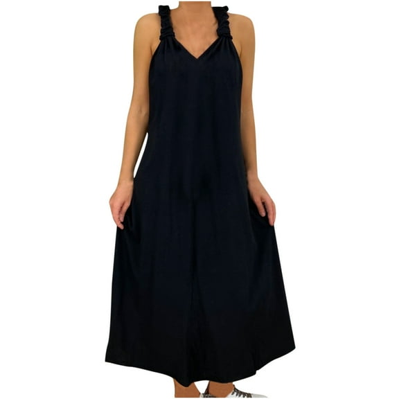 Summer Maxi Dresses for Women Solid Cotton Linen Baggy Sleeveless Dress Casual Loose Art Strap Oversized Long Dress